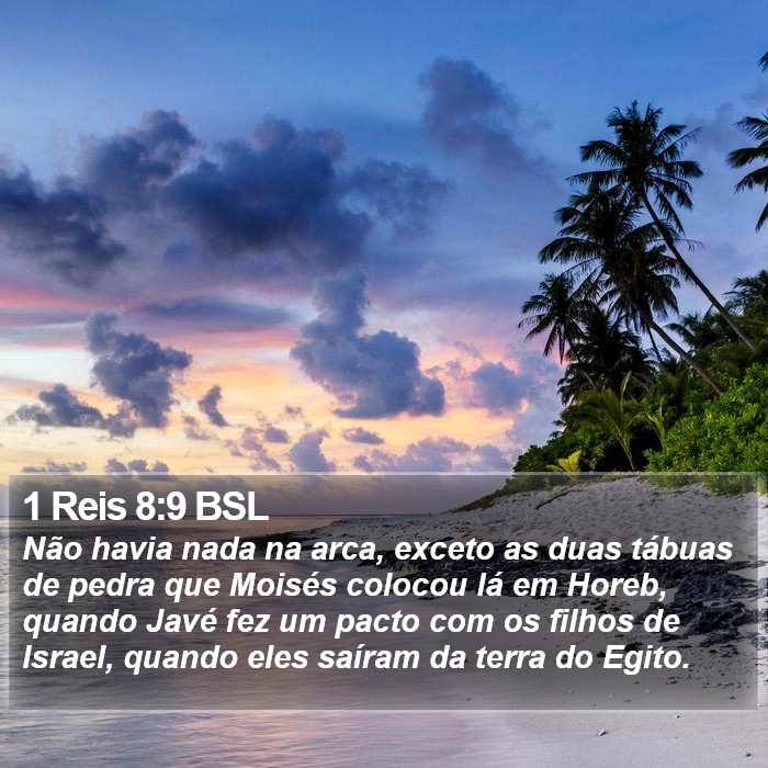 Não havia nada na arca, exceto as duas tábuas de pedra que Moisés colocou lá em Horeb, quando Javé fez um pacto com os filhos de Israel, quando eles saíram da terra do Egito. 1 Reis 8:9 (BSL)