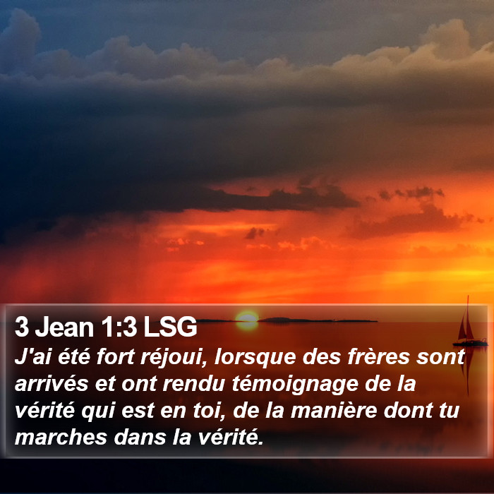 Troisième Epître de Jean 1:3 J'ai été fort réjoui, lorsque des frères sont arrivés et ont rendu témoignage de la vérité qui est en toi, de la manière dont tu marches dans la vérité.