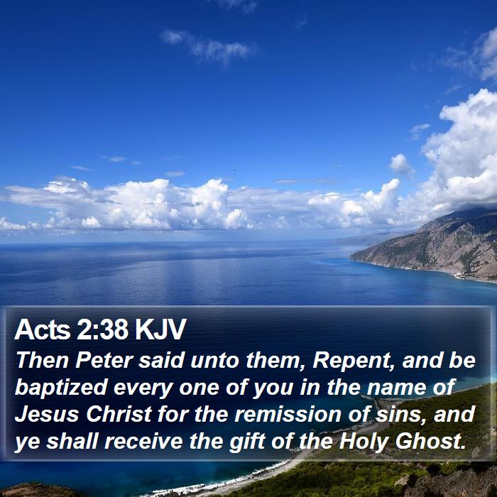 The Book of Acts 2:38 Then Peter said unto them, Repent, and be baptized every one of you in the name of Jesus Christ for the remission of sins, and ye shall receive the gift of the Holy Ghost.