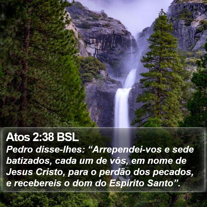 Pedro disse-lhes: “Arrependei-vos e sede batizados, cada um de vós, em nome de Jesus Cristo, para o perdão dos pecados, e recebereis o dom do Espírito Santo”. Atos 2:38 (BSL)
