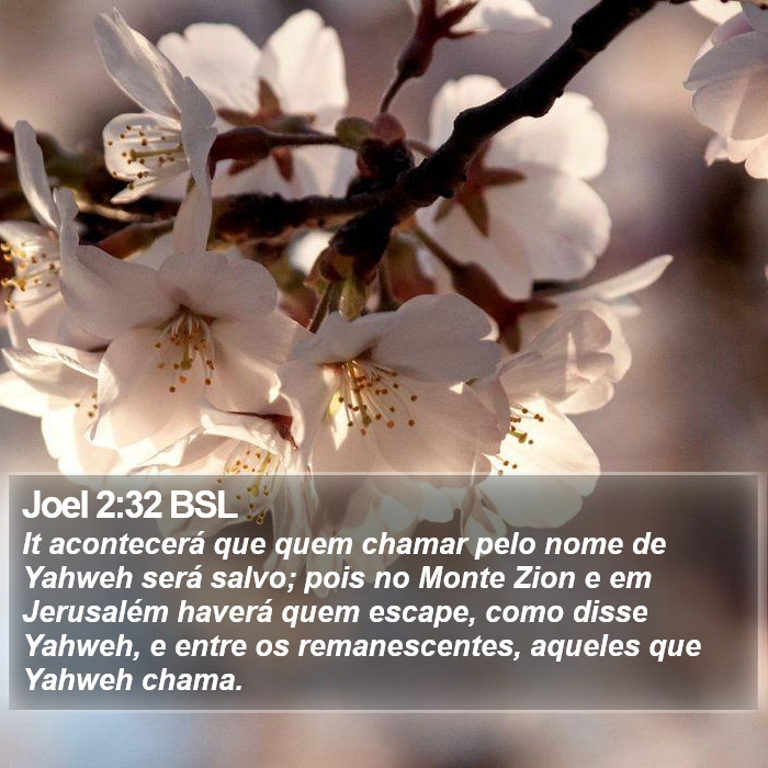 It acontecerá que quem chamar pelo nome de Yahweh será salvo; pois no Monte Zion e em Jerusalém haverá quem escape, como disse Yahweh, e entre os remanescentes, aqueles que Yahweh chama. Joel 2:32 (BSL)