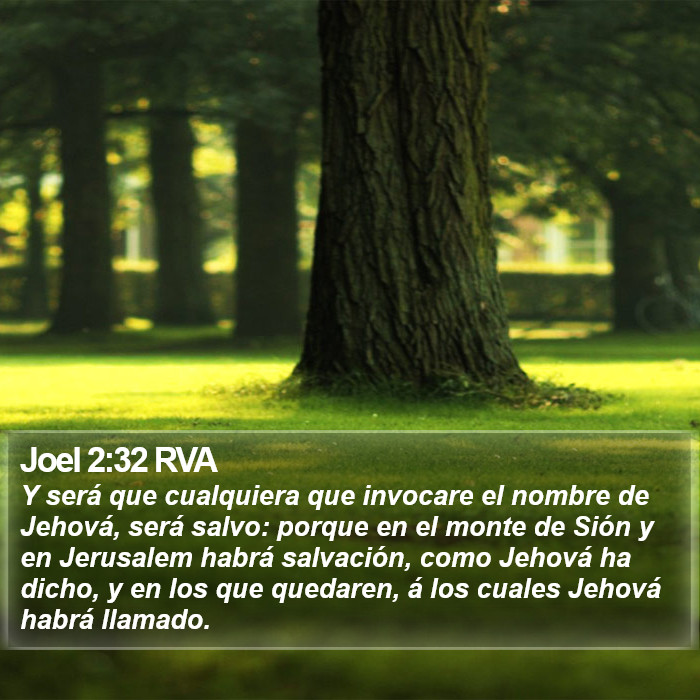 El libro de Joel 2:32 Y será que cualquiera que invocare el nombre de Jehová, será salvo; porque en el monte de Sión y en Jerusalén habrá salvación, como Jehová ha dicho, y en los que quedaren, a los cuales Jehová habrá llamado. (RVG)