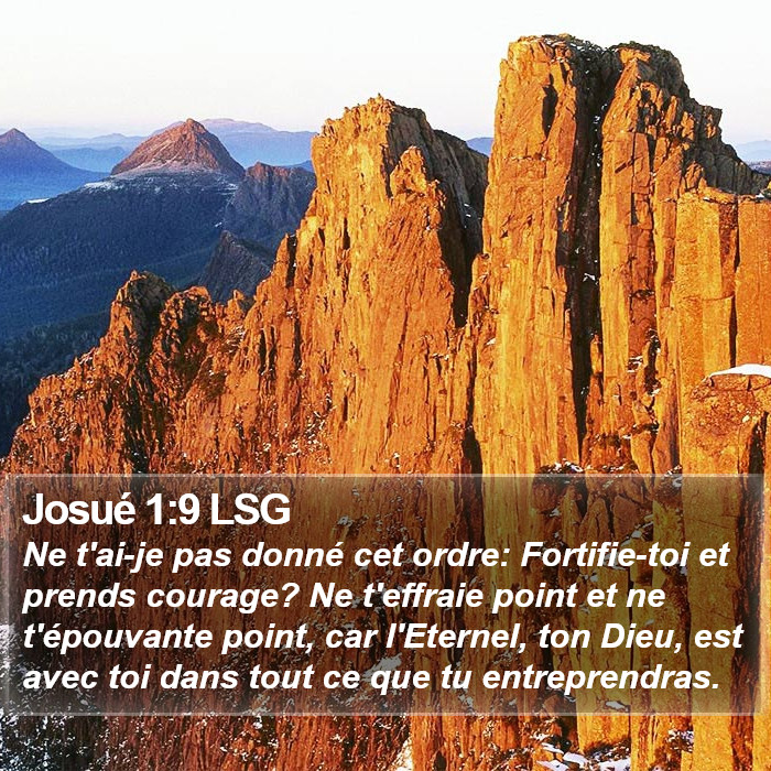 Livre de Josué 1:9 Ne t'ai-je pas donné cet ordre: Fortifie-toi et prends courage? Ne t'effraie point et ne t'épouvante point, car l'Éternel, ton Dieu, est avec toi dans tout ce que tu entreprendras.