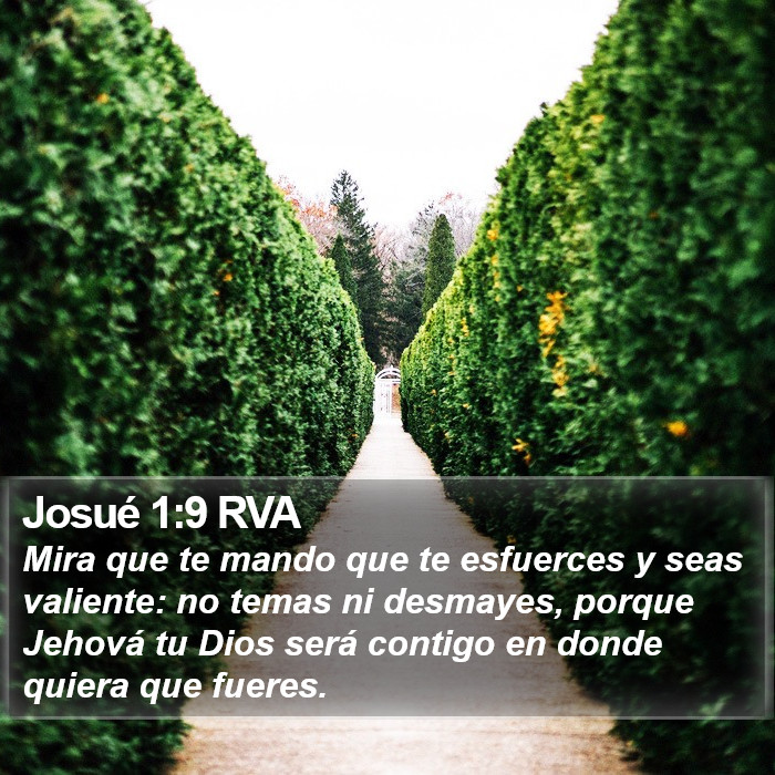 El libro de Josué 1:9 Mira que te mando que te esfuerces y seas valiente; no temas ni desmayes, porque Jehová tu Dios estará contigo dondequiera que vayas. (RVG)