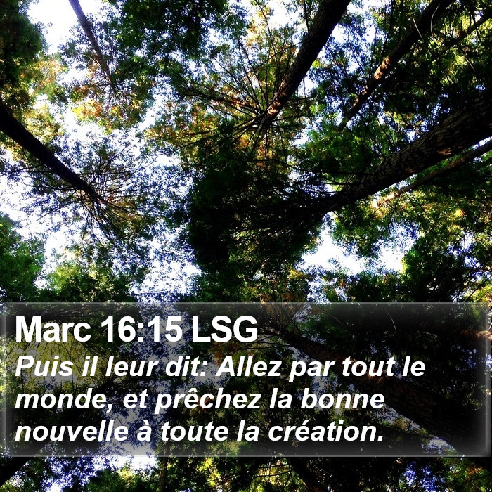 L'évangile de Marc 16:15 Puis il leur dit: Allez par tout le monde, et prêchez la bonne nouvelle à toute la création.