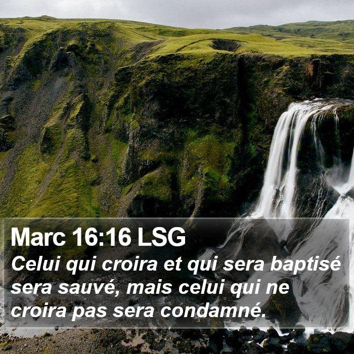 L'évangile de Marc 16:16 Celui qui croira et qui sera baptisé sera sauvé, mais celui qui ne croira pas sera condamné.