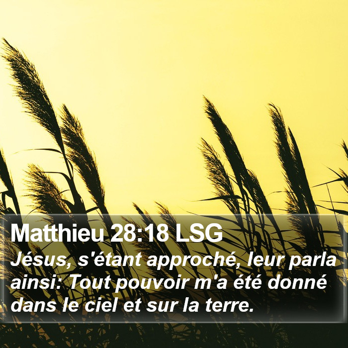 L'évangile de Matthieu 28:18 Jésus, s'étant approché, leur parla ainsi: Tout pouvoir m'a été donné dans le ciel et sur la terre.