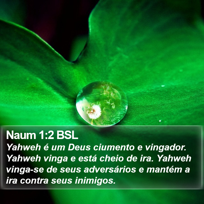 Yahweh é um Deus ciumento e vingador. Yahweh vinga e está cheio de ira. Yahweh vinga-se de seus adversários e mantém a ira contra seus inimigos. Naum 1:2 (BSL) 