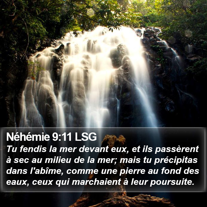 Livre de Néhémie 9:11 Tu fendis la mer devant eux, et ils passèrent à sec au milieu de la mer; mais tu précipitas dans l'abîme, comme une pierre au fond des eaux, ceux qui marchaient à leur poursuite.