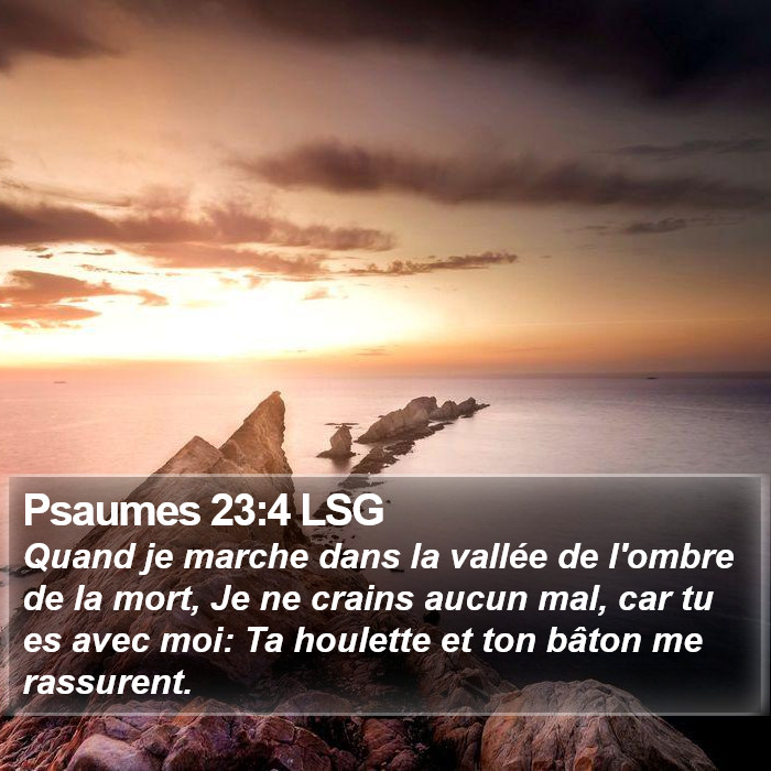 Livre des Psaumes 23:4 Quand je marche dans la vallée de l'ombre de la mort, Je ne crains aucun mal, car tu es avec moi: Ta houlette et ton bâton me rassurent.