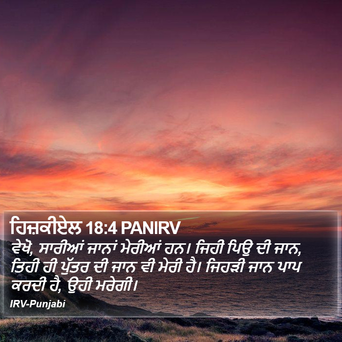 ਵੇਖੋ, ਸਾਰੀਆਂ ਜਾਨਾਂ ਮੇਰੀਆਂ ਹਨ। ਜਿਹੀ ਪਿਉ ਦੀ ਜਾਨ, ਤਿਹੀ ਹੀ ਪੁੱਤਰ ਦੀ ਜਾਨ ਵੀ ਮੇਰੀ ਹੈ। ਜਿਹੜੀ ਜਾਨ ਪਾਪ ਕਰਦੀ ਹੈ, ਉਹੀ ਮਰੇਗੀ। ਹਿਜ਼ ਕੀ ਐਲ (Ezekiel) 18:4