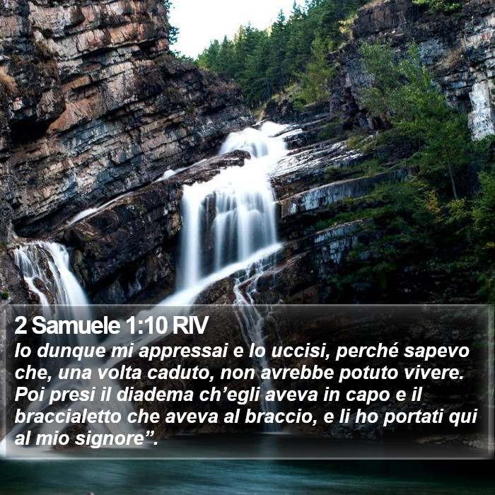 Il libro di 2 Samuele - Io dunque mi appressai e lo uccisi, perché sapevo che, una volta caduto, non avrebbe potuto vivere. Poi presi il diadema ch’egli aveva in capo e il braccialetto che aveva al braccio, e li ho portati qui al mio signore”. 2 Samuele 1:10 RIV