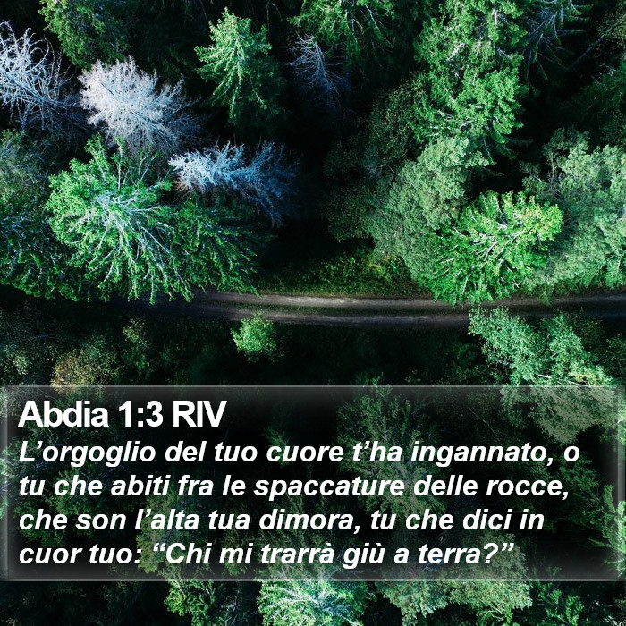 Il libro di Abdia L’orgoglio del tuo cuore t’ha ingannato, o tu che abiti fra le spaccature delle rocce, che son l’alta tua dimora, tu che dici in cuor tuo: “Chi mi trarrà giù a terra?” Abdia 1:3 RIV