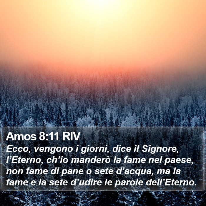 Il libro di Amos Ecco, vengono i giorni, dice il Signore, l’Eterno, ch’io manderò la fame nel paese, non fame di pane o sete d’acqua, ma la fame e la sete d’udire le parole dell’Eterno. Amos 8:11 RIV