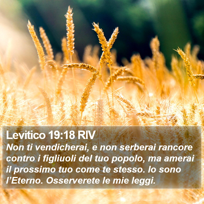 Il libro del Levitico - Non ti vendicherai, e non serberai rancore contro i figliuoli del tuo popolo, ma amerai il prossimo tuo come te stesso. Io sono l’Eterno. Osserverete le mie leggi. Levitico 19:18 RIV