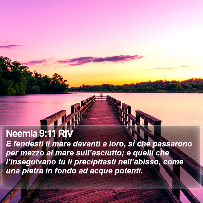 Il libro di Neemia - E fendesti il mare davanti a loro, sì che passarono per mezzo al mare sull’asciutto; e quelli che l’inseguivano tu li precipitasti nell’abisso, come una pietra in fondo ad acque potenti. Neemia 9:11 RIV