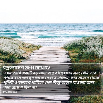 তখন আমি একটি বড় সাদা রঙের সিংহাসন এবং যিনি তার ওপরে বসে আছেন তাঁকে দেখতে পেলাম; তাঁর সামনে থেকে পৃথিবী ও আকাশ পালিয়ে গেল কিন্তু তাদের যাওয়ার জন্য আর জায়গা ছিল না। উদ্ঘাটন (Revelation) 20:11
