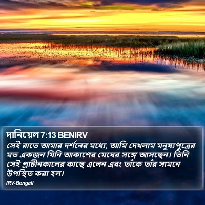 সেই রাতে আমার দর্শনের মধ্যে, আমি দেখলাম মনুষ্যপুত্রের মত একজন যিনি আকাশের মেঘের সঙ্গে আসছেন। তিনি সেই প্রাচীনকালের কাছে এলেন এবং তাঁকে তাঁর সামনে উপস্থিত করা হল। দানিয়েল (Daniel) 7:13 