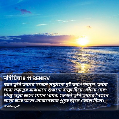 আর তুমি তাদের সামনে সমুদ্রকে দুই ভাগে করলে, তাতে তারা সমুদ্রের মাঝখানে শুকনো রাস্তা দিয়ে এগিয়ে গেল; কিন্তু প্রচুর জলে যেমন পাথর, তেমনি তুমি তাদের পিছনে তাড়া করে আসা লোকদেরকে প্রচুর জলে ফেলে দিলে। নেহেমিয়া (Nehemiah) 9:11