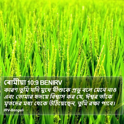 কারণ তুমি যদি মুখে যীশুকে প্রভু বলে মেনে নাও এবং তোমার হৃদয়ে বিশ্বাস কর যে, ঈশ্বর তাঁকে মৃতদের মধ্য থেকে উঠিয়েছেন, তুমি রক্ষা পাবে। রোমীয় (Romans) 10:9
